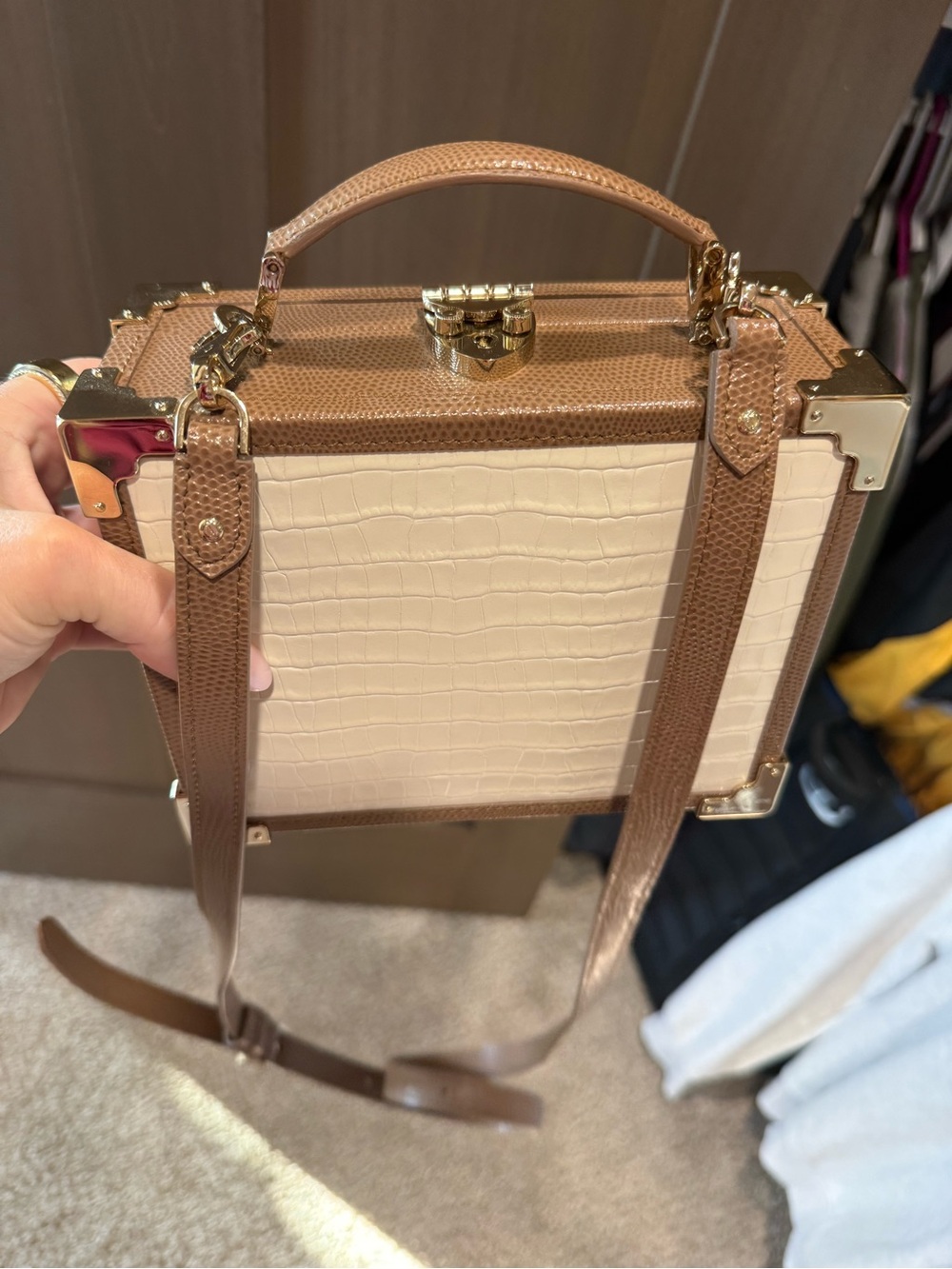Aspinal of London Structured Brown and Cream Trunk Crossbody Bag with Top Handle